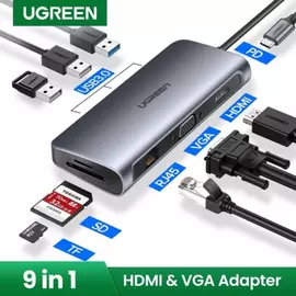 HUB Ugreen 9in1 USB-C 3.1 to 1x HDMI , 1x VGA , 1x Gigabit RJ45 Ethernet , 3x USB-A 3.0 , 1x SD Reader , 1x MicroSD Reader , Silver , 40873