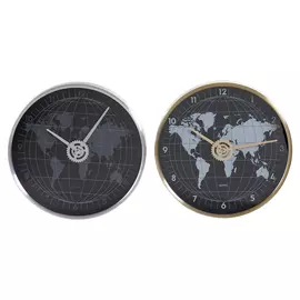 Wall Clock DKD Home Decor Black Aluminium Crystal Golden Silver World Map (2 pcs) (30 x 4.3 x 30 cm)