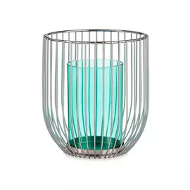 Candleholder Silver Blue Cage Metal Glass (15 x 17 x 15 cm)