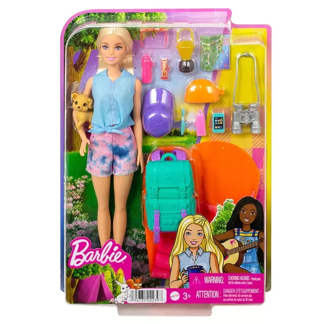Kukull Barbie Duhen dy kukulla kampingu Malibu me qenush