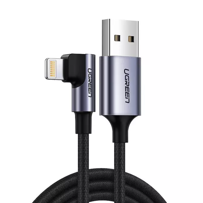 CableUgreen USB-A në Lightning 90* Karikimi me kënd të drejtë dhe sinkronizimi i të dhënave 2.4A Apple C94 MFi Certified 1m E zezë 60521