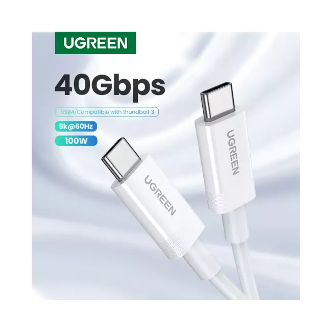 Kabllo Ugreen Thenderbolt 4 USB4, USB-C në USB-C 40 Gbps, Ofrimi i energjisë 100W audio i gjerë 8K 60Hz, 80cm, i bardhë, 40113