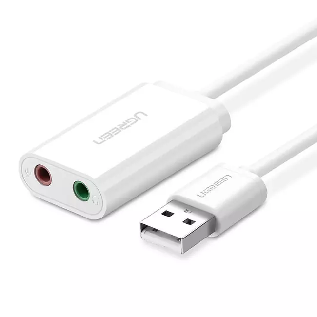 Përshtatës Ugreen USB-A në audio të dyfishtë 1x mikrofon 1x tingull, 2x fole 3.5mm, E bardhë, 30143