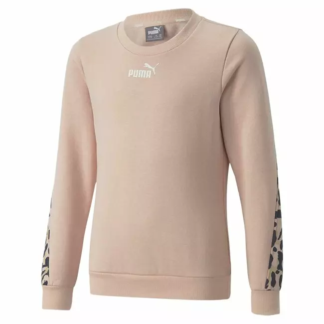 Hoodless Sweatshirt for Girls Puma Alpha Crew Neck Beige Leopard Pink, Size: 3-4 Years