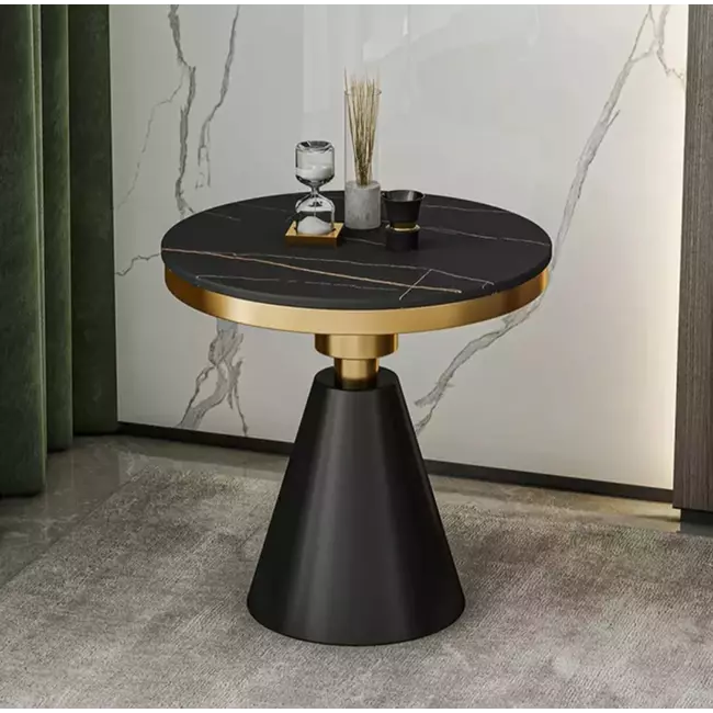 Tavoline me bazament metalik gold .Syprine porcelan, rezistente ndaj gervishtjeve dhe kushteve atmosferike. Diametri 60 cm