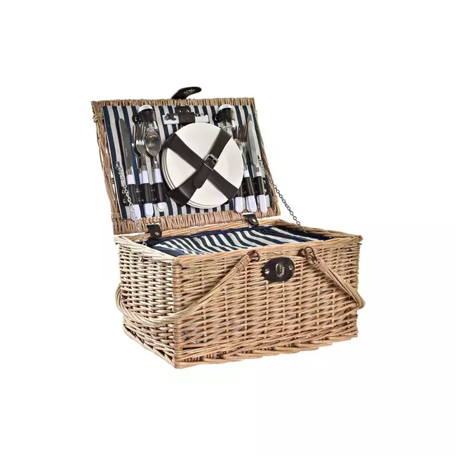 Basket DKD Home Decor wicker Picnic Ceramic Natural Blue Polyester Stainless steel (41 x 33 x 23 cm)  